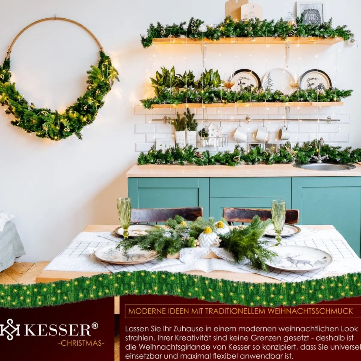 Kesser Guirlandes>® Kerstslinger | Guirlande Met 100 Led's Warmwit Lampjes - Kerstversiering, Kerstguirlande Led Verlichting Voor Kerstboom En Binnen & Buiten, Kerstverlichting Slinger Voor Kerstmis - Groen, 5M / 100 Leds