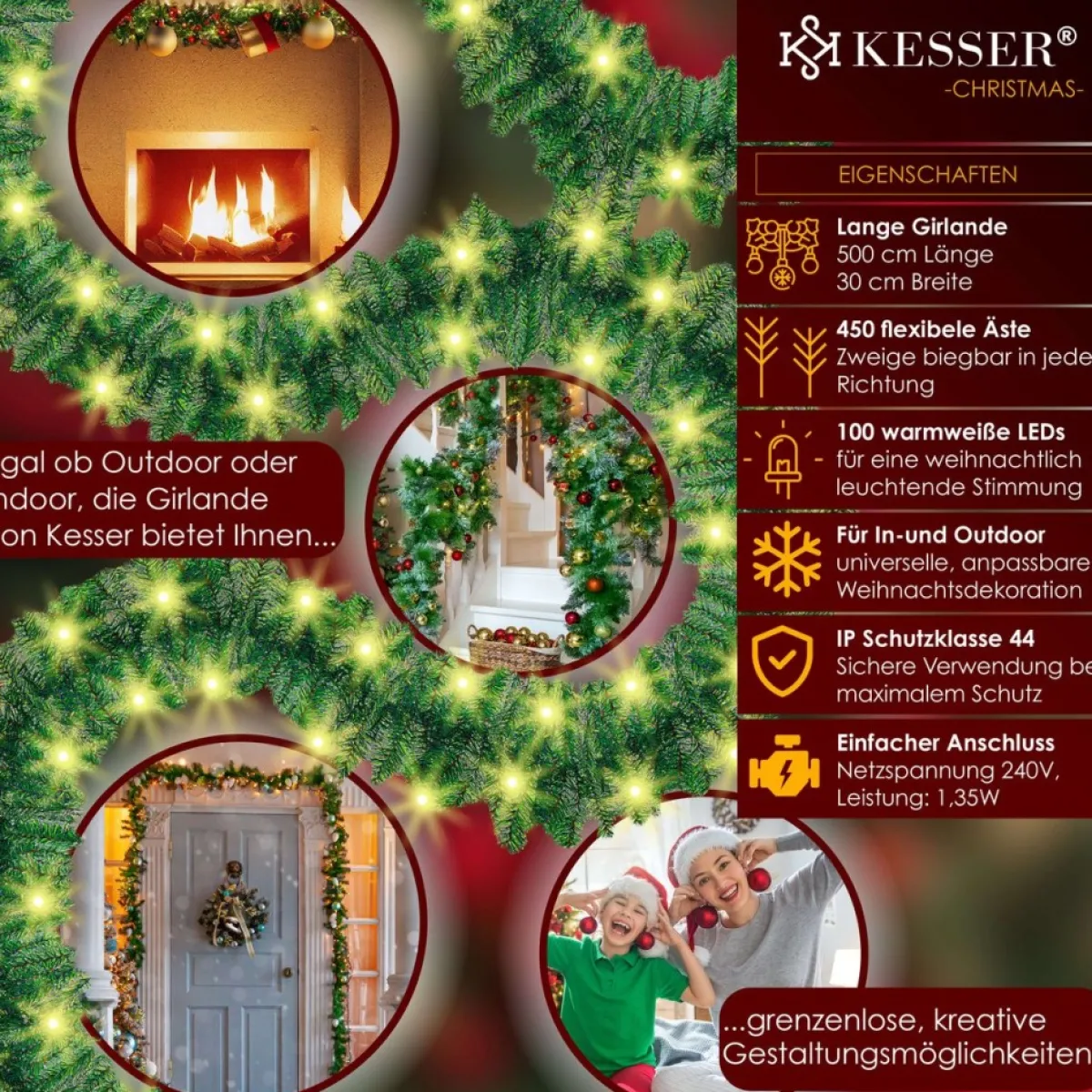 Kesser Guirlandes>® Kerstslinger | Guirlande Met 100 Led's Warmwit Lampjes - Kerstversiering, Kerstguirlande Led Verlichting Voor Kerstboom En Binnen & Buiten, Kerstverlichting Slinger Voor Kerstmis - Groen, 5M / 100 Leds