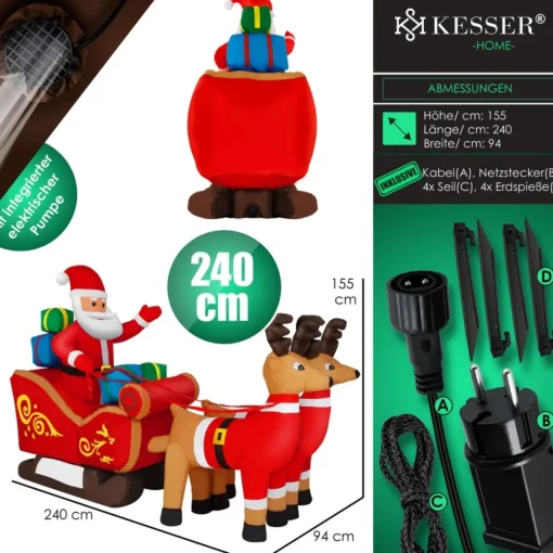 Kesser Kerstbeelden>® Opblaasbare Kerstman Met Slee Xl Led Verlicht - Kerstman Pop Met Rendier Kerstverlichting Incl. Bevestigingsmateriaal Kerstversiering Kerstdecoratie