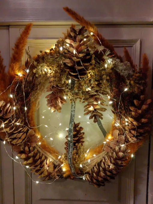 Juuls Gift Shop (merkloos) Kerstkransen>Krans Met Pluimen En Prachtige Dennenappels Droogbloemen Diameter 50Cm