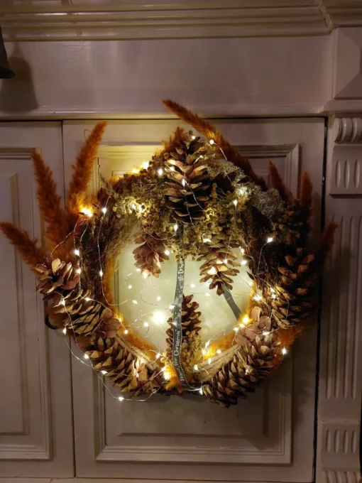Juuls Gift Shop (merkloos) Kerstkransen>Krans Met Pluimen En Prachtige Dennenappels Droogbloemen Diameter 50Cm