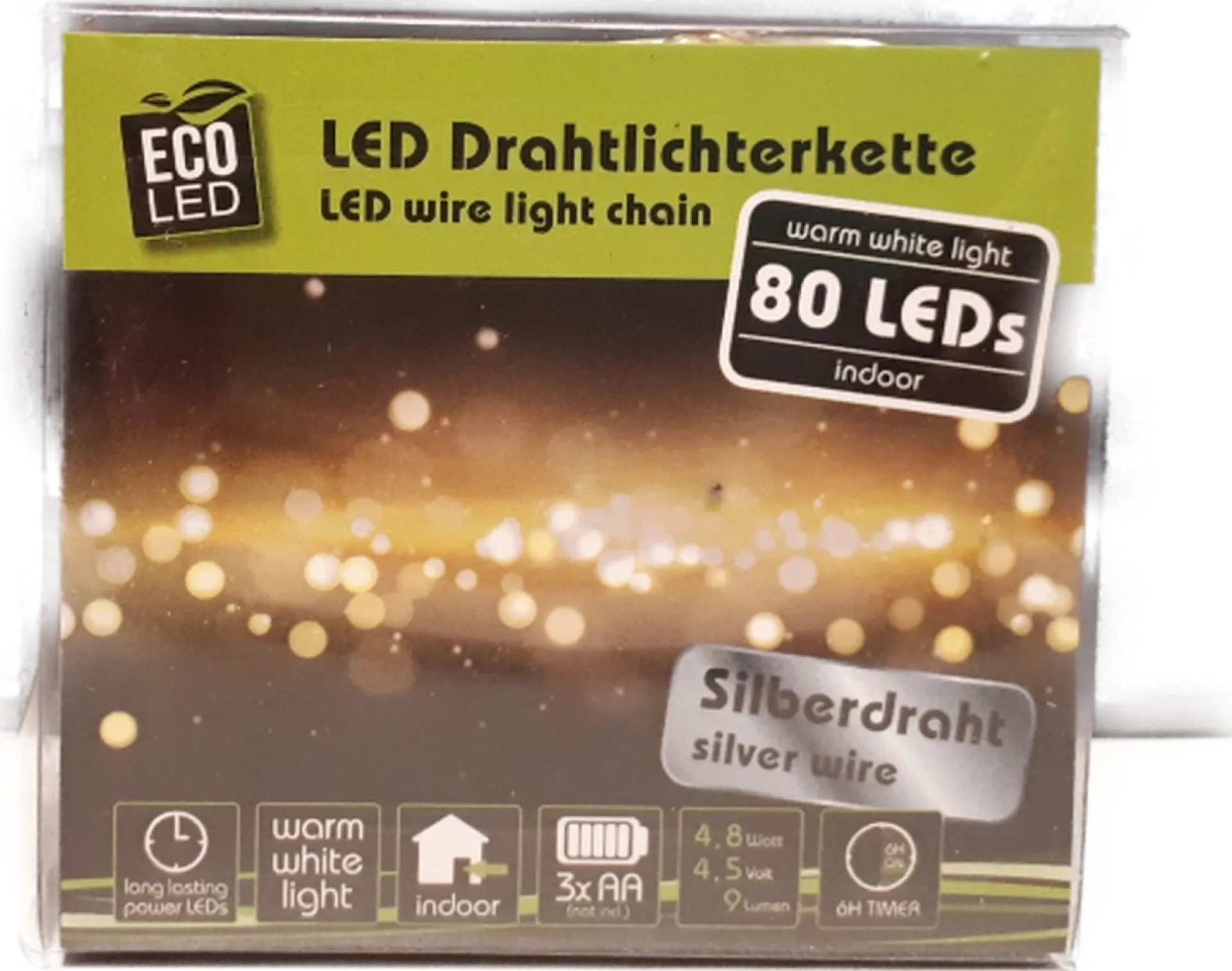 Eco-Led Led Draad Verlichting - 80 Leds - 8 Meter - Warm Wit - Werkt Op Batterij - Voor Binnen - Timer - Kerst Verlichting - Licht Slinger - Voordeel Set 2 X Clearance
