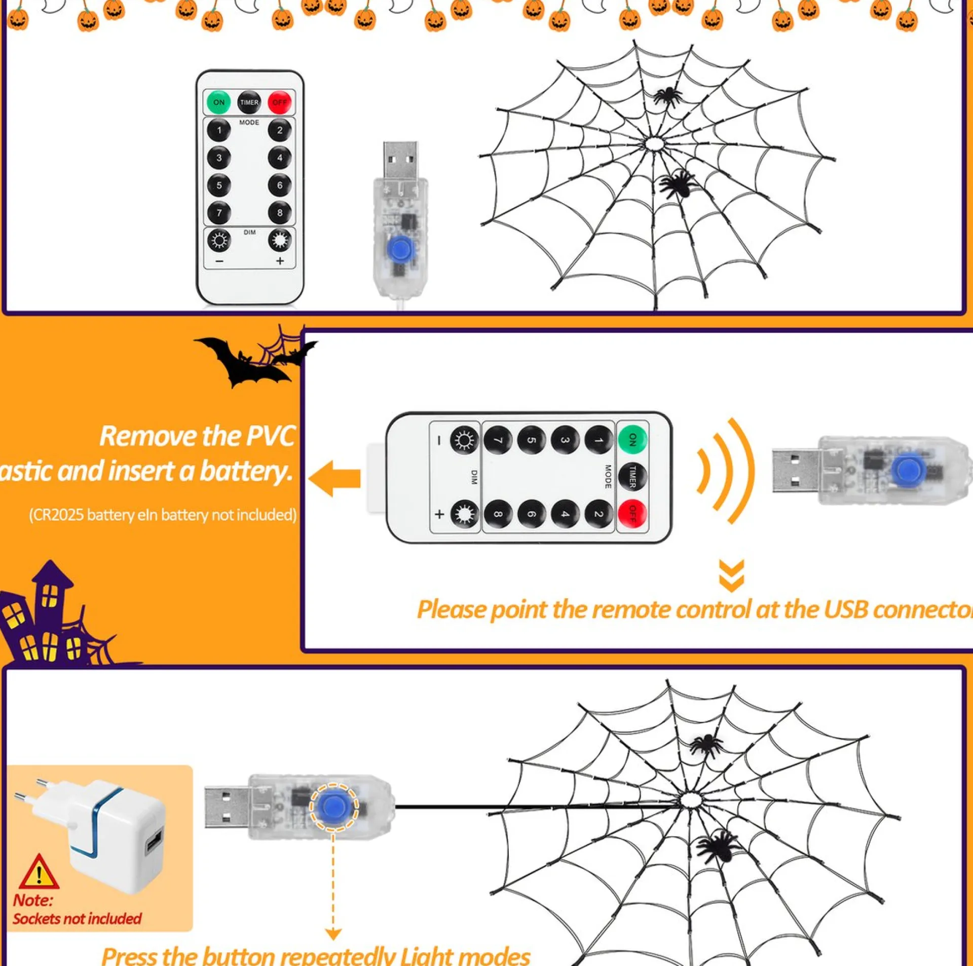 Merkloos Led Spinnenweb Halloween Fairy Lights Usb-Verlichting Duurzaam Griezelig En Mooi Shop