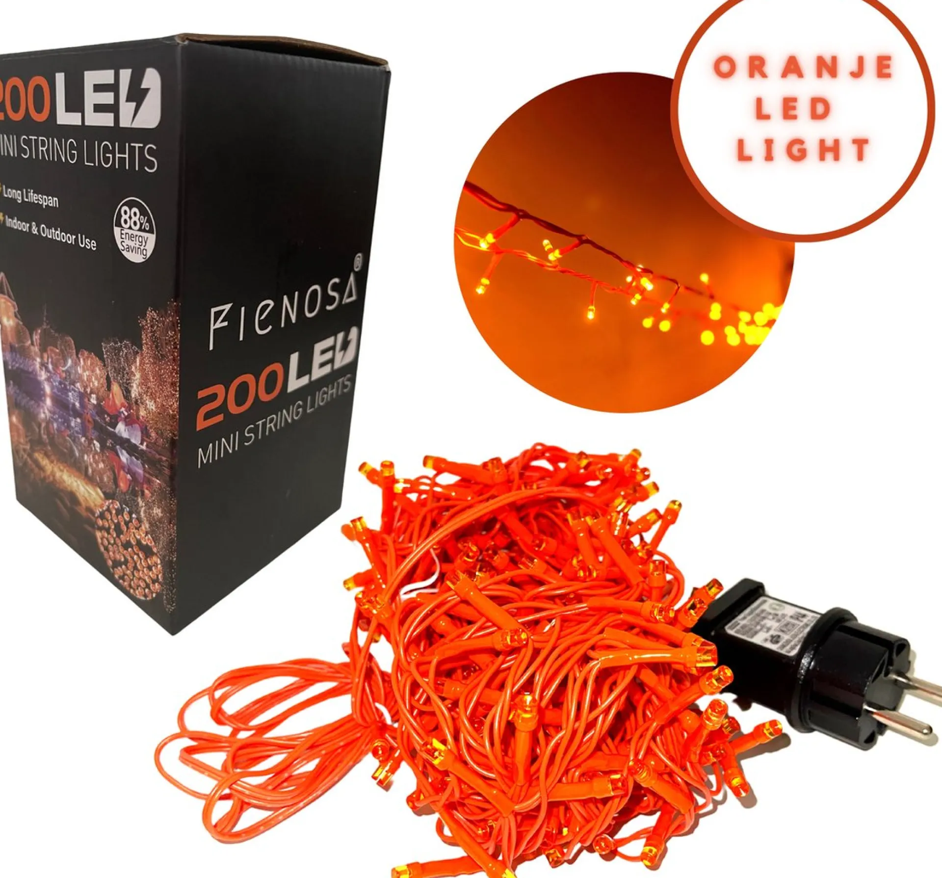 Fienosa Lichtsnoer - Lichtsnoer Oranje - Oranje Feest Artikelen - 200 Lampjes - 8 Meter Snoer - Koningsdag - Oranje Led Slinger - - Wk Vrouwen Voetbal -Feestverlichting - Tuinverlichting - Sfeer Best