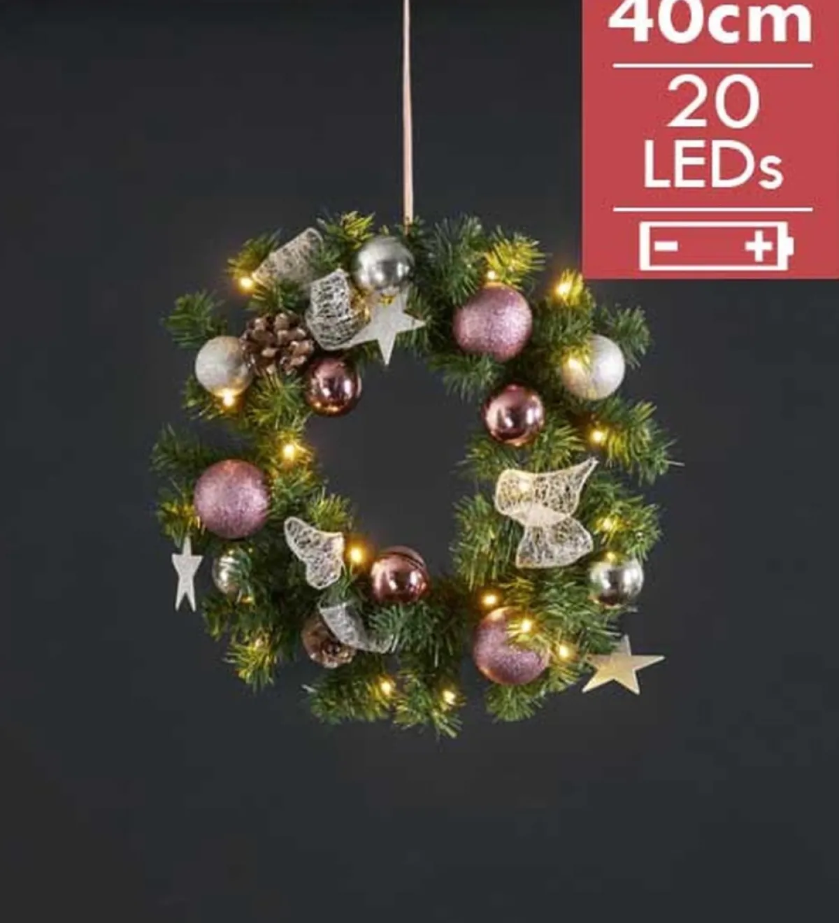 Star Trading Kerstkransen>Luxe Midi Kerstkrans Verlicht "Roze" 40Cm -Lichtkleur: Warm Wit -Werkt Op Batterijen -Met Timer Functie -Kerstdecoratie
