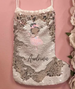 So Cute Kerstsokken>Magische Pailletten Kerstsok Met Naam En Afbeelding - Goud Of Zilver