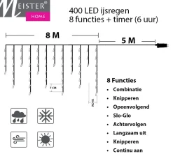 Meisterhome ® Ijsregen Kerstverlichting Lichtgordijn - 8 Meter Ijspegel - 400 Led Warm Wit - Met 8 Functies En Timer - Ijspegelverlichting Buiten Best