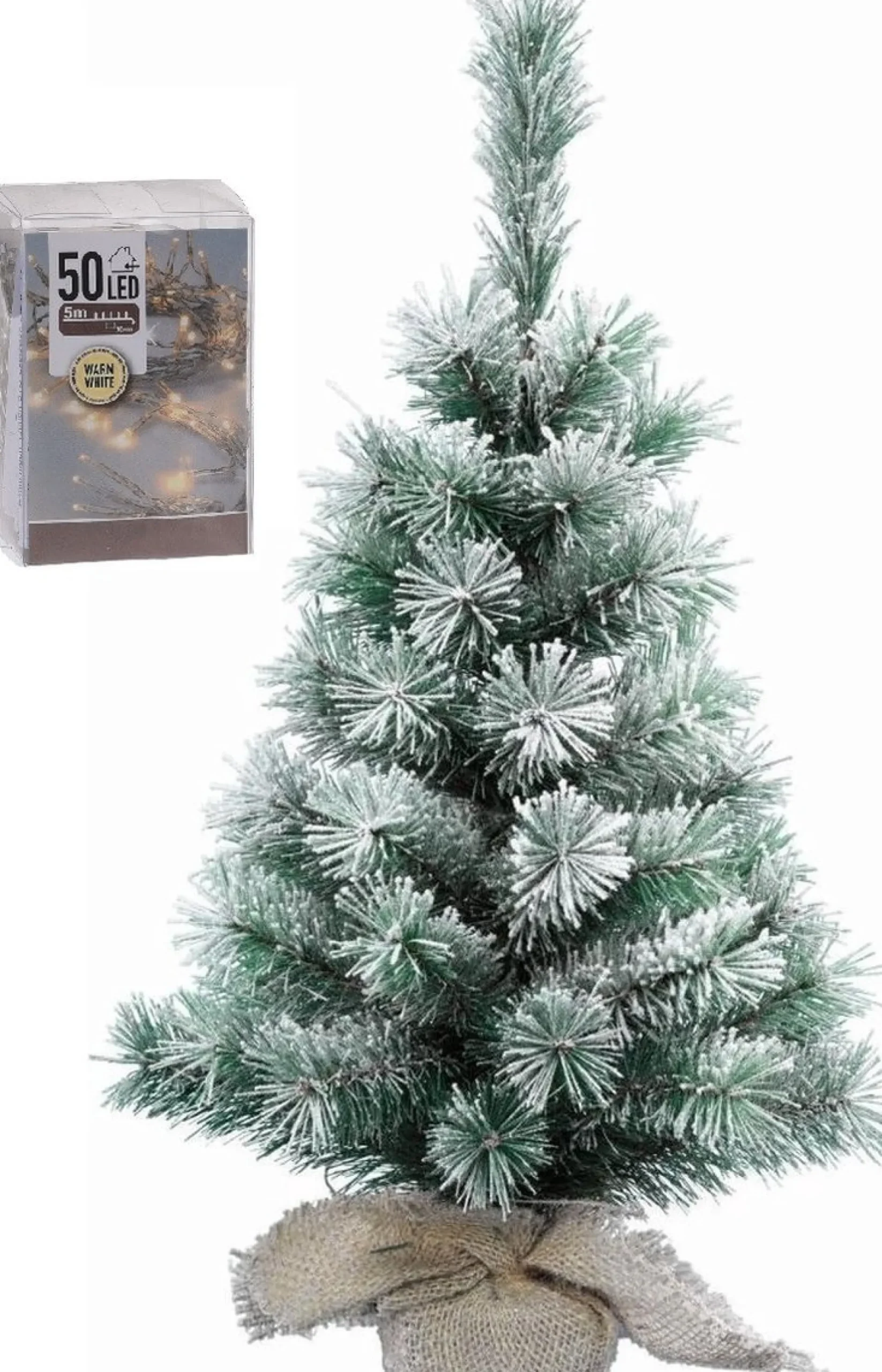 Merkloos Mini Kerstboom Met Sneeuw 60 Cm In Jute Zak Inclusief 50 Warm Witte Lampjes - Mini Kerstbomen Met Verlichting Store