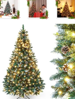 Odenneboom Kunstkerstboom 150Cm Met Verlichting Voor Binnen En Buiten - Led Kerstboom Met Witte Sneeuw En Echte Dennenappels - Brandwerend - Kunstboom - Kerstversiering - Kerstboomverlichting - Kerstboomstandaard Shop