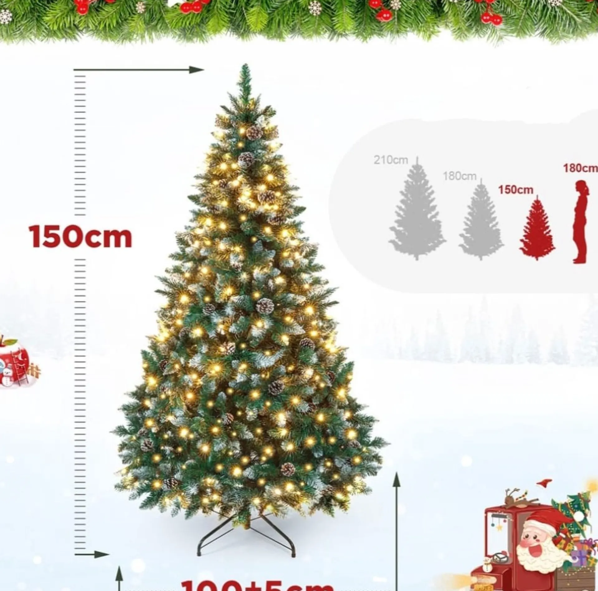 Odenneboom Kunstkerstboom 150Cm Met Verlichting Voor Binnen En Buiten - Led Kerstboom Met Witte Sneeuw En Echte Dennenappels - Brandwerend - Kunstboom - Kerstversiering - Kerstboomverlichting - Kerstboomstandaard Shop