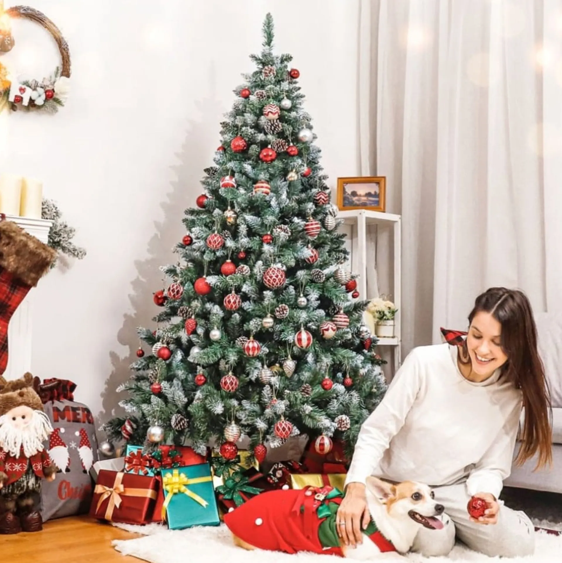 Odenneboom Kunstkerstboom 150Cm Met Verlichting Voor Binnen En Buiten - Led Kerstboom Met Witte Sneeuw En Echte Dennenappels - Brandwerend - Kunstboom - Kerstversiering - Kerstboomverlichting - Kerstboomstandaard Shop