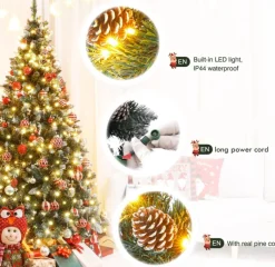 Odenneboom Kunstkerstboom 150Cm Met Verlichting Voor Binnen En Buiten - Led Kerstboom Met Witte Sneeuw En Echte Dennenappels - Brandwerend - Kunstboom - Kerstversiering - Kerstboomverlichting - Kerstboomstandaard Shop