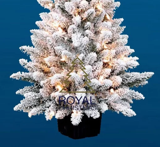 Royal Christmas - Flock / Sneeuw Kunstkerstboom In Plastic Pot - Lengte 105 Cm - Met Warm Led Batterij Verlichting - Met Sneeuw - 122 Takken Flash Sale