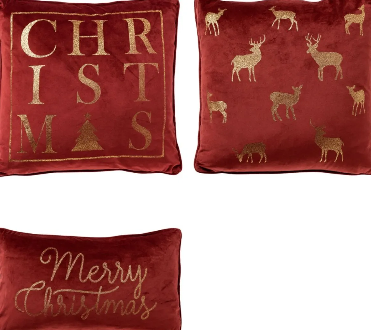 Sierkussen.nl Kerstkussens>Set Van 3 Kerst Sierkussens - Rood - Goud - 1X Merry Christmas - 1X Christmas - 1X Deer - Inclusief Polyester Vulling - Zachte Stoffen - Sfeerkussens