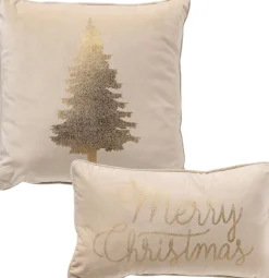 Sierkussen.nl Kerstkussens>Set Van 2 Kerst Sierkussens - Wit En Goud - 1X Tree - 1X Merry Christmas - Inclusief Polyester Vulling - Zachte Stoffen - Sfeerkussens