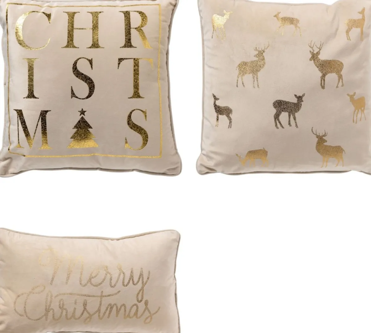 Sierkussen.nl Kerstkussens>Set Van 3 Sierkerst Kussens - Wit En Goud - 1X Deer - 1X Christmas - 1X Merry - Inclusief Polyester Vulling - Zachte Stoffen - Sfeerkussens