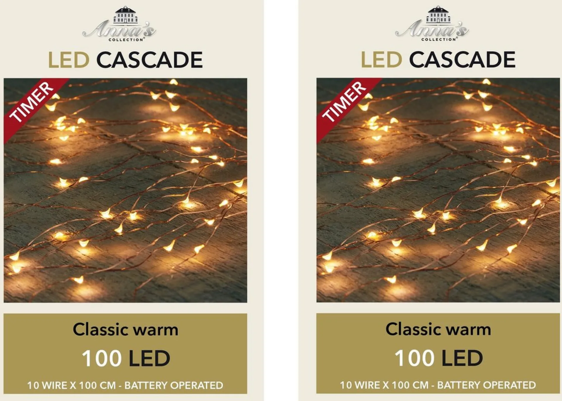 Anna's Collection Set Van 2X Stuks Cascade Draadverlichting Lichtsnoer Met 100 Lampjes Warm Wit Met 10 Lichtdraden - Kerstverlichting Clearance