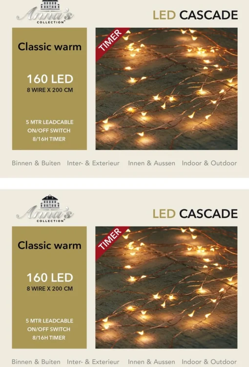 Anna's Collection Set Van 2X Stuks Cascade Draadverlichting Lichtsnoer Met 160 Lampjes Warm Wit Met 8 Lichtdraden - Lichtsnoeren - Kerstverlichting Store