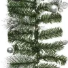 Decoris Guirlandes>Set Van 2X Stuks Groene Kunst Kerstguirlandes Met Zilveren Versiering 180 Cm - Dennenslingers Kerstversieringen/Kerstdecoraties