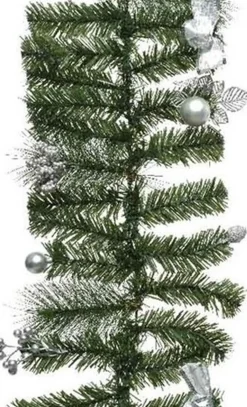 Decoris Guirlandes>Set Van 2X Stuks Groene Kunst Kerstguirlandes Met Zilveren Versiering 180 Cm - Dennenslingers Kerstversieringen/Kerstdecoraties