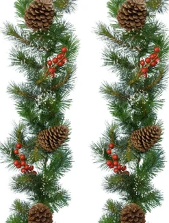 Decoris Guirlandes>Set Van 2X Stuks Kerst Dennenslinger Guirlandes Groen Met Sneeuw En Decoratie 270 Cm - Kerstslingers