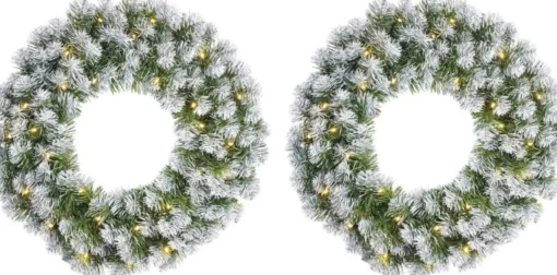 Mica Decorations Kerstkransen>Set Van 2X Stuks Kerstkransen/Deurkransen Groen Met Verlichting 30 Leds En Sneeuw 60 Cm - Deurkransen/Voordeur Kransen
