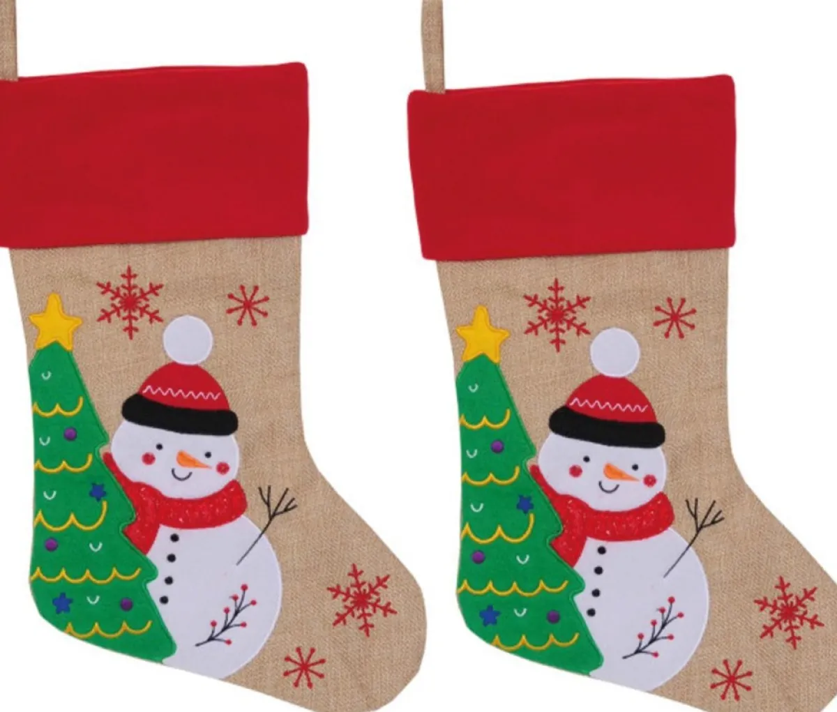 SANDY Kerstsokken>Set Van 2X Stuks Kerstsok Beige/Rood Met Sneeuwpop Print 46 Cm - Kerstversiering/Kerstdecoratie Kerstsokken