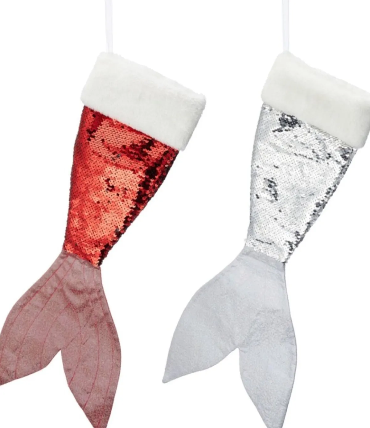 Merkloos Kerstsokken>Set Van 2X Stuks Kerstversiering Kerstsokken Zeemeerminnen Staart Zilver/Rood 45 Cm