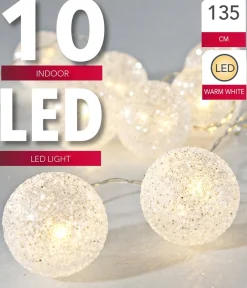 Merkloos Set Van 2X Stuks Lichtsnoer Met 10 Witte Glitter Bolletjes Warm Wit Op Batterij 135 Cm - Kerstverlichting Flash Sale