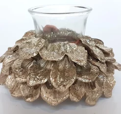 Merkloos Kerststukjes>Tafelstuk Rond Met Theelichthouder - Champagne / Zilver / Creme - 12 X 12 X 6 Cm Hoog
