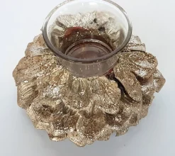 Merkloos Kerststukjes>Tafelstuk Rond Met Theelichthouder - Champagne / Zilver / Creme - 12 X 12 X 6 Cm Hoog