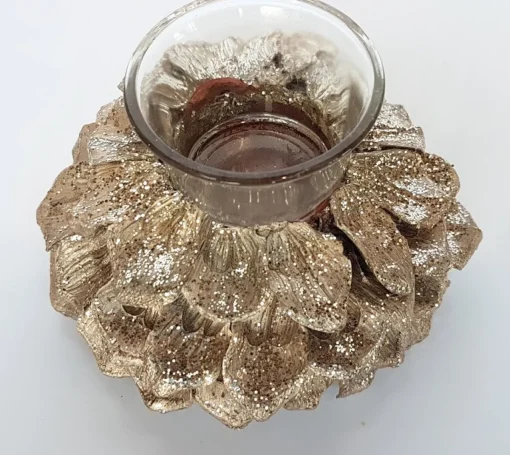Merkloos Kerststukjes>Tafelstuk Rond Met Theelichthouder - Champagne / Zilver / Creme - 12 X 12 X 6 Cm Hoog
