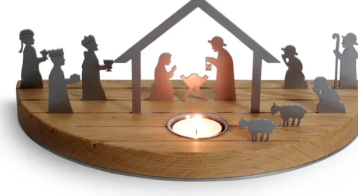 Unoferrum Kerststallen>-Silhouette-Kerstgroep-Medium-Edelstaal-Eikenhout