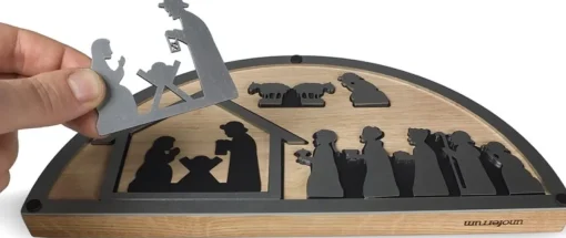Unoferrum Kerststallen>-Silhouette-Kerstgroep-Medium-Edelstaal-Eikenhout