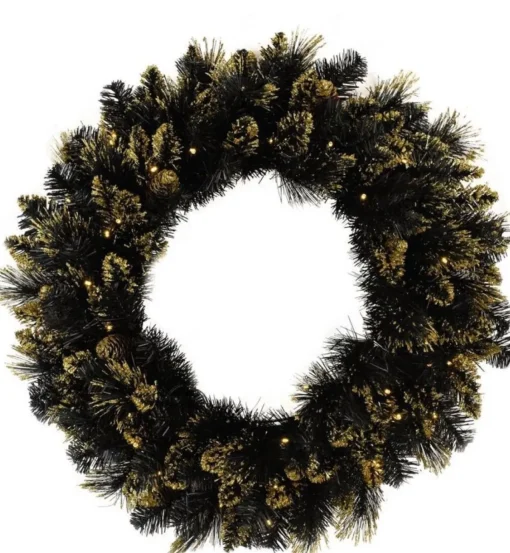 * Kerstkransen>Verlichte Kerstkrans "Shimmery Golden Black Bristle" - Zwart - O 76 Cm - 70 Warm Witte Ledlampjes - Met Gouden Afwerking