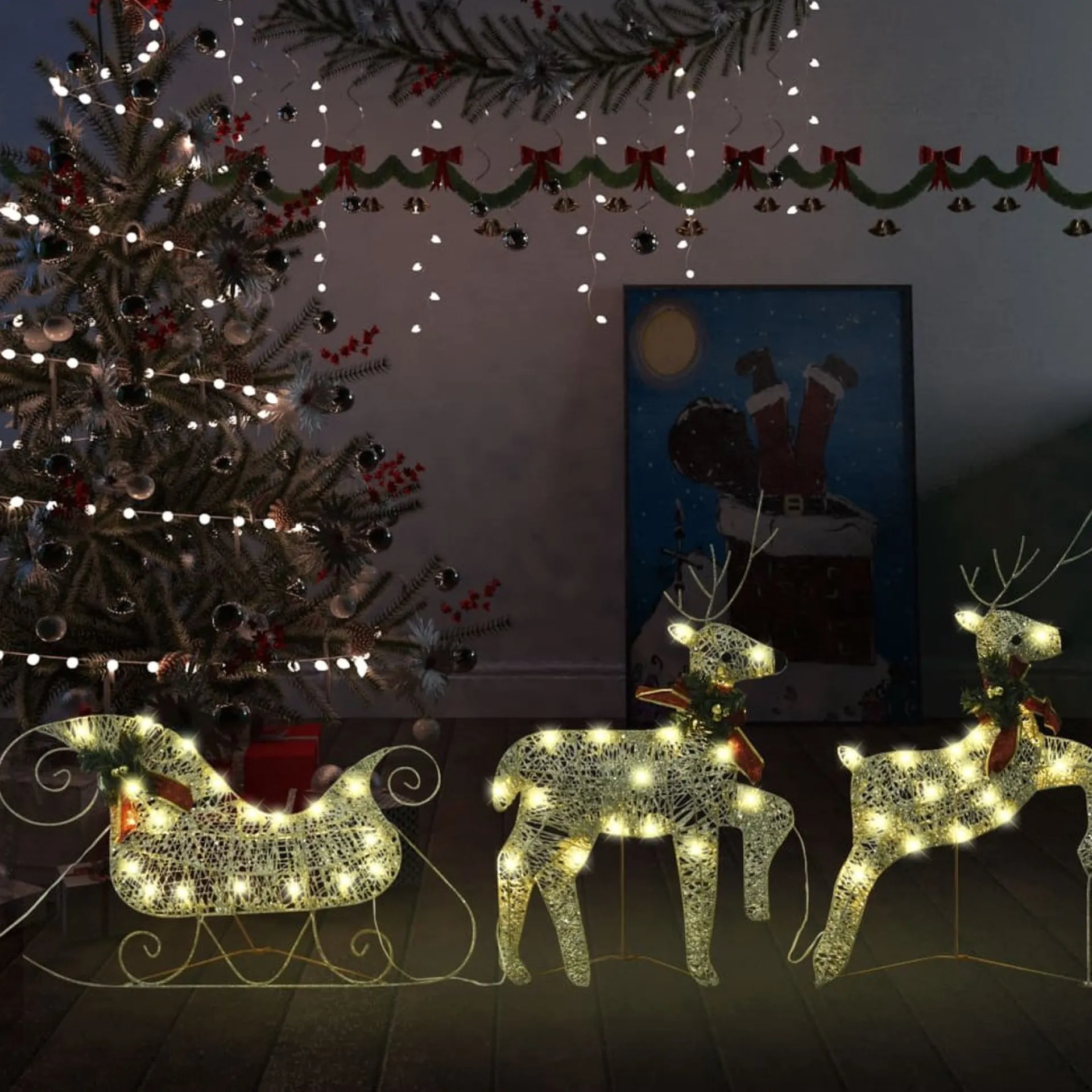 vidaXL Buitenkerstversiering Rendieren En Slee 60 Led's Goudkleurig Best Sale
