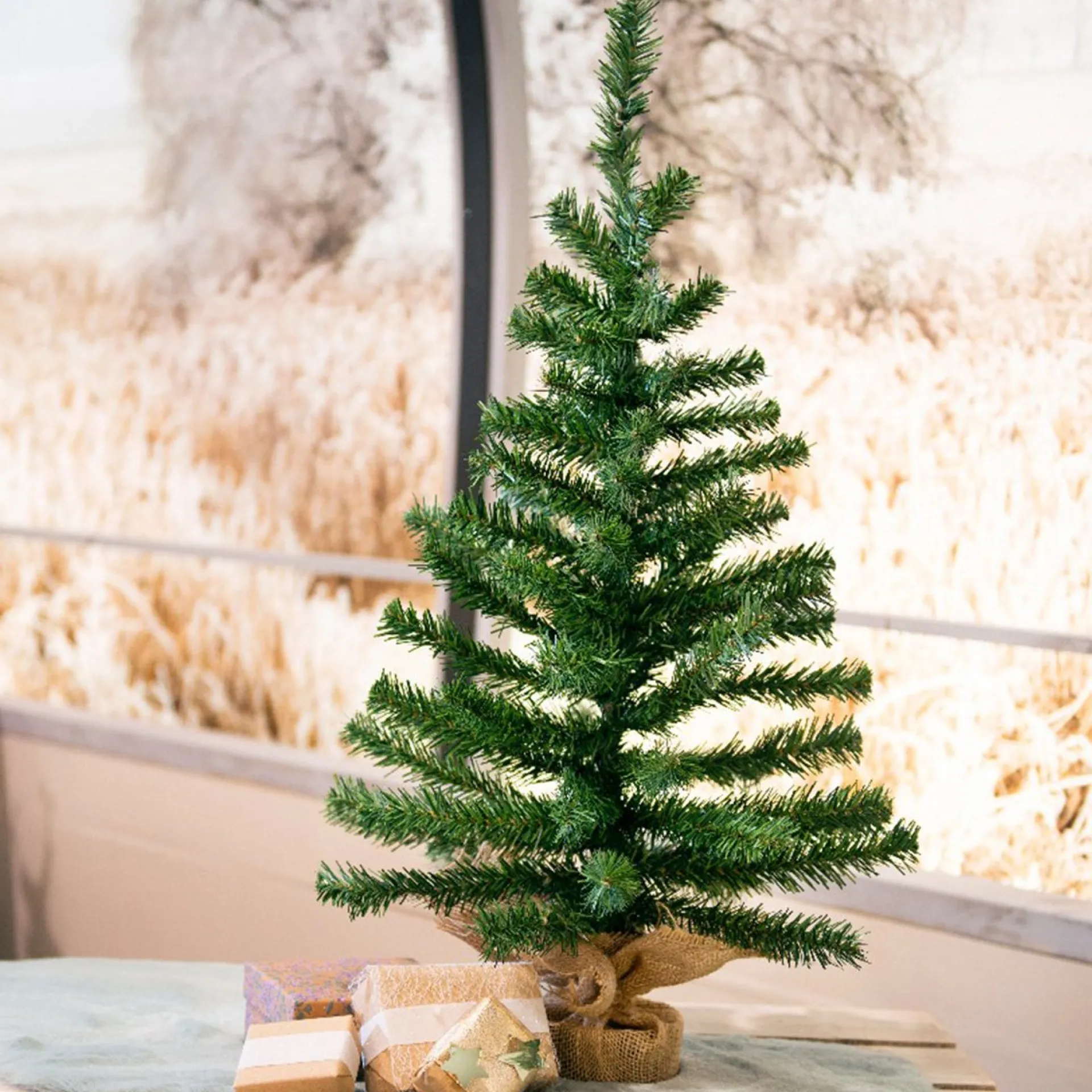 Merkloos Volle Kunst Kerstboom 75 Cm In Jute Zak Inclusief 50 Helder Witte Lampjes - Mini Kerstbomen Met Verlichting Flash Sale