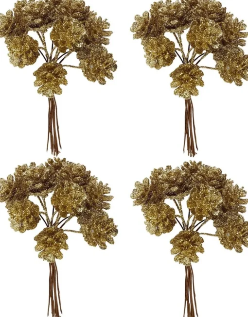 Merkloos Kerststukjes>4X Kerststukje Instekers Bosje Van 12 Gouden Dennenappels Op Draad - Kerststukje Onderdeken Stekers