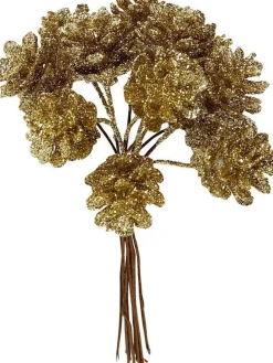 Merkloos Kerststukjes>4X Kerststukje Instekers Bosje Van 12 Gouden Dennenappels Op Draad - Kerststukje Onderdeken Stekers