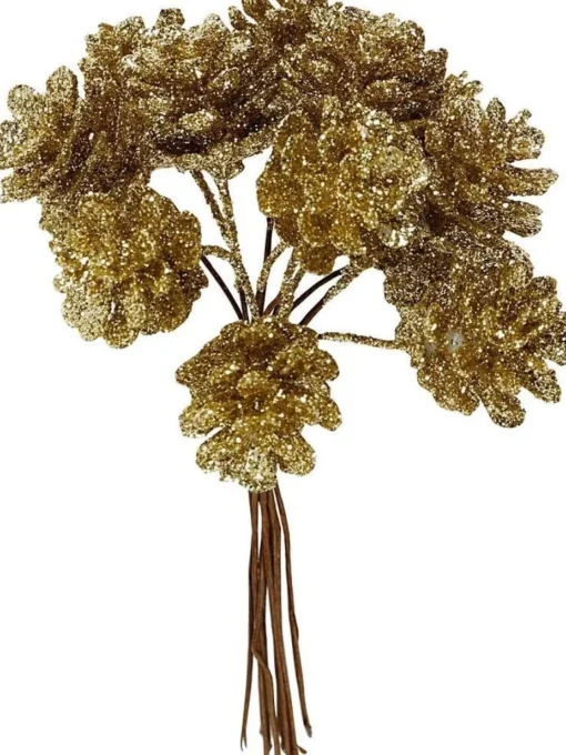 Merkloos Kerststukjes>4X Kerststukje Instekers Bosje Van 12 Gouden Dennenappels Op Draad - Kerststukje Onderdeken Stekers