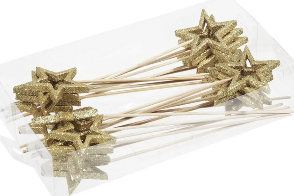 Othmar Decorations Kerststukjes>24X Kerststukje Onderdelen Gouden Stekers/Instekers Met Open Ster 6 Cm - Kerststukje Maken - Prikkers/Instekertjes