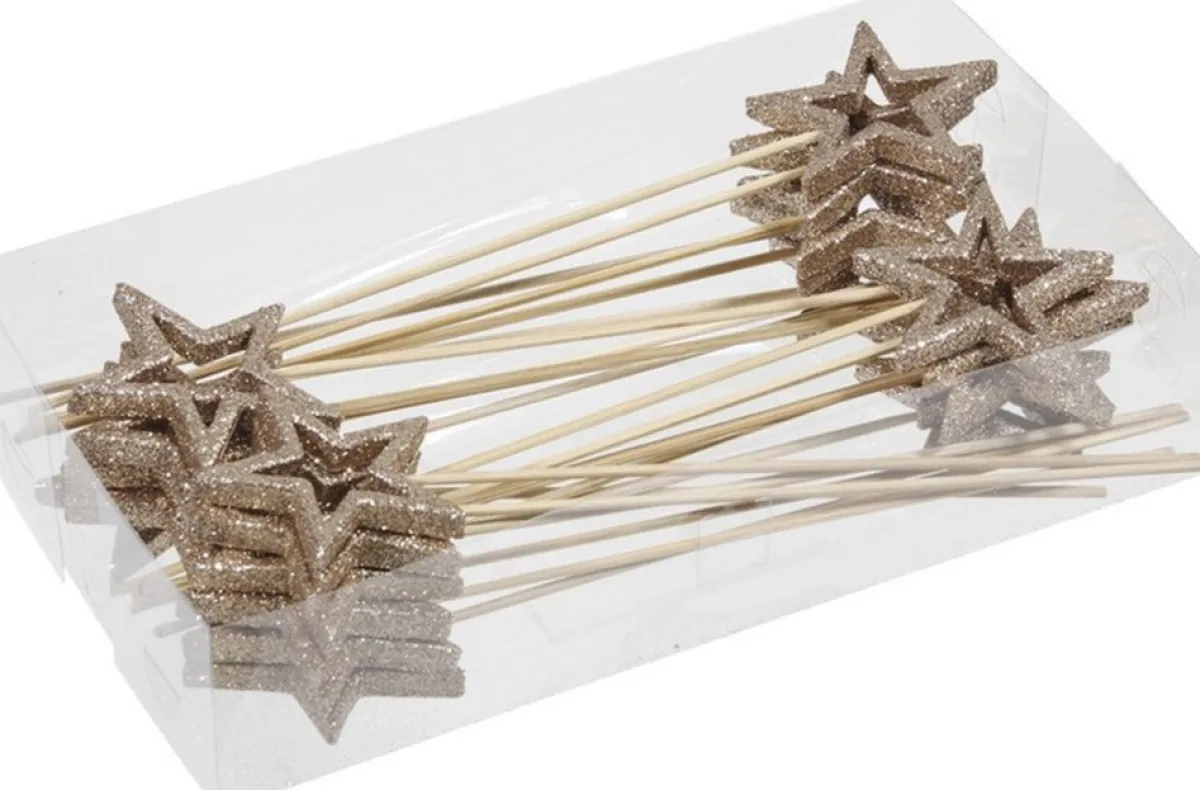 Othmar Decorations Kerststukjes>24X Kerststukje Onderdelen Champagne Stekers Met Open Ster 6 Cm - Kerststukje Maken Onderdelen