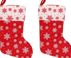 Merkloos Kerstsokken>2X Rood/Witte Kerstsokken Met Sneeuwvlokken Print 40 Cm - Kerstversiering/Kerstdecoratie Sokken