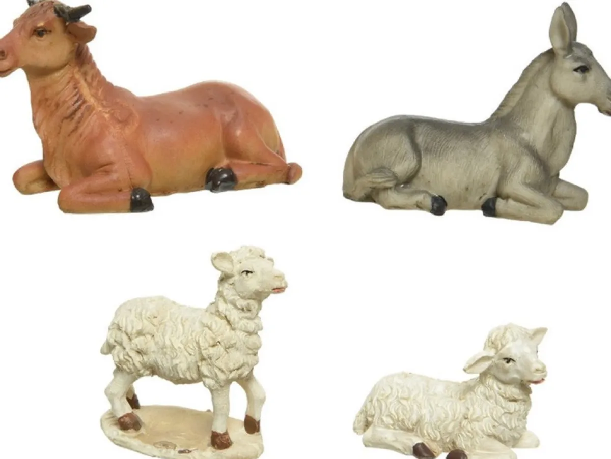 Merkloos Kerststallen>2X Sets Van 4 Stuks Polystone Dierenbeeldjes Os, Ezel En Schapen 12 Cm - Polystone Dieren / Kerststal Dierenbeeldjes