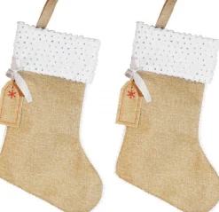 Merkloos Kerstsokken>2X Stuks Jute Kerstsokken Met Witte Rand En Zilveren Pailletten 45 Cm - Kerstversiering/Kerstdecoratie