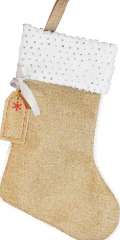 Merkloos Kerstsokken>2X Stuks Jute Kerstsokken Met Witte Rand En Zilveren Pailletten 45 Cm - Kerstversiering/Kerstdecoratie