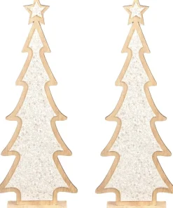 Merkloos 2X Stuks Kerstdecoratie Houten Kerstboom Glitter Wit 35,5 Cm - Vensterbank Kerstdecoratie Houten Kerstbomen Hot