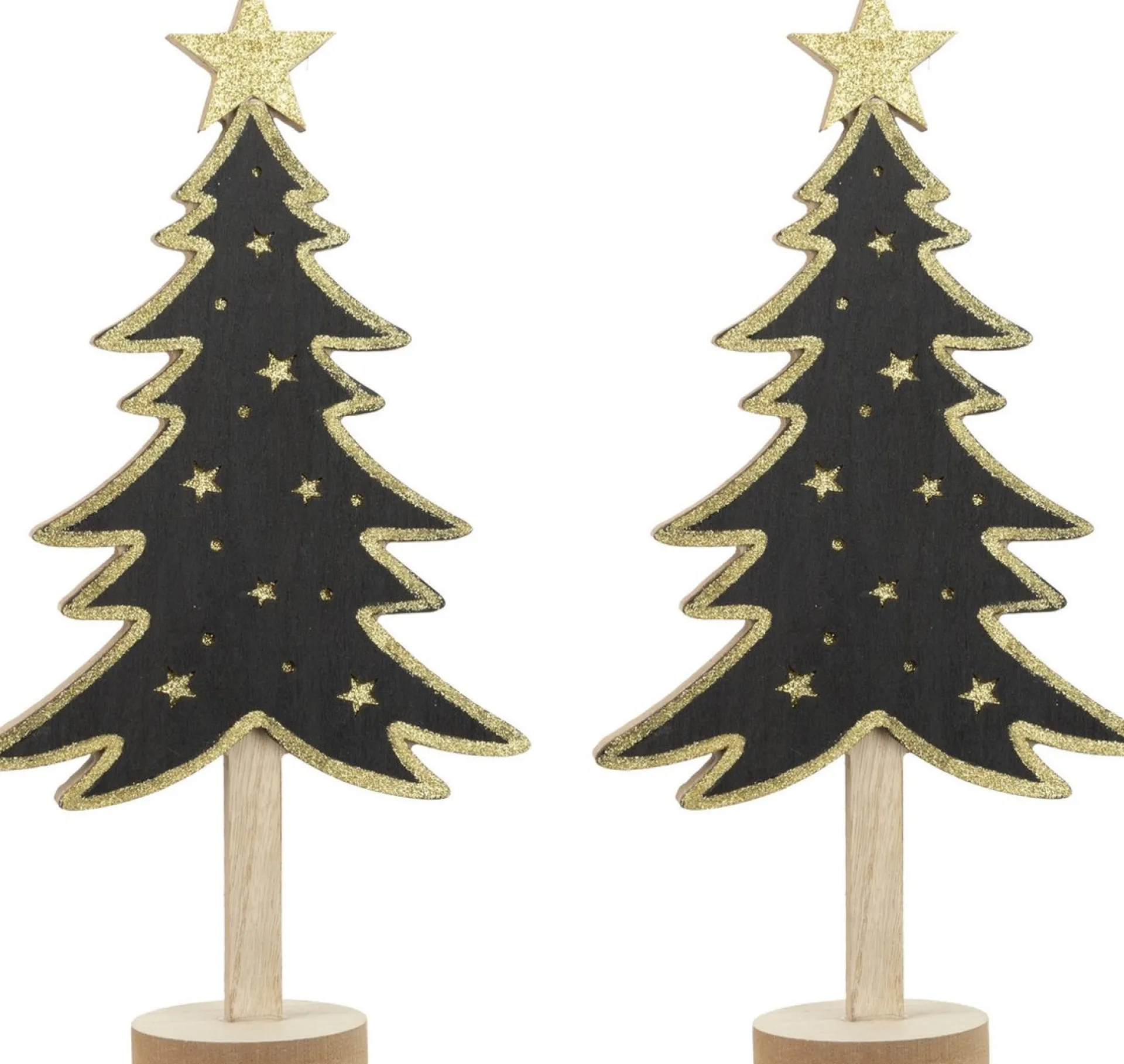 Merkloos 2X Stuks Kerstdecoratie Houten Decoratie Kerstboom Zwart Met Gouden Sterren B18 X H36 Cm - Kerstversiering Kerstbomen Met Licht Online