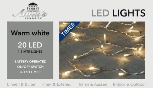 Anna's Collection 2X Stuks Kerstverlichting Met Timer 20 Warm Witte Lampjes Op Batterijen - Lichtsnoer Transparant Met 20 Leds New