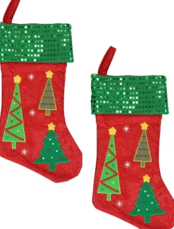 Merkloos Kerstsokken>4X Stuks Rood/Groene Kerstsokken Met Kerstbomen Print 45 Cm - Kerstversiering/Kerstdecoratie